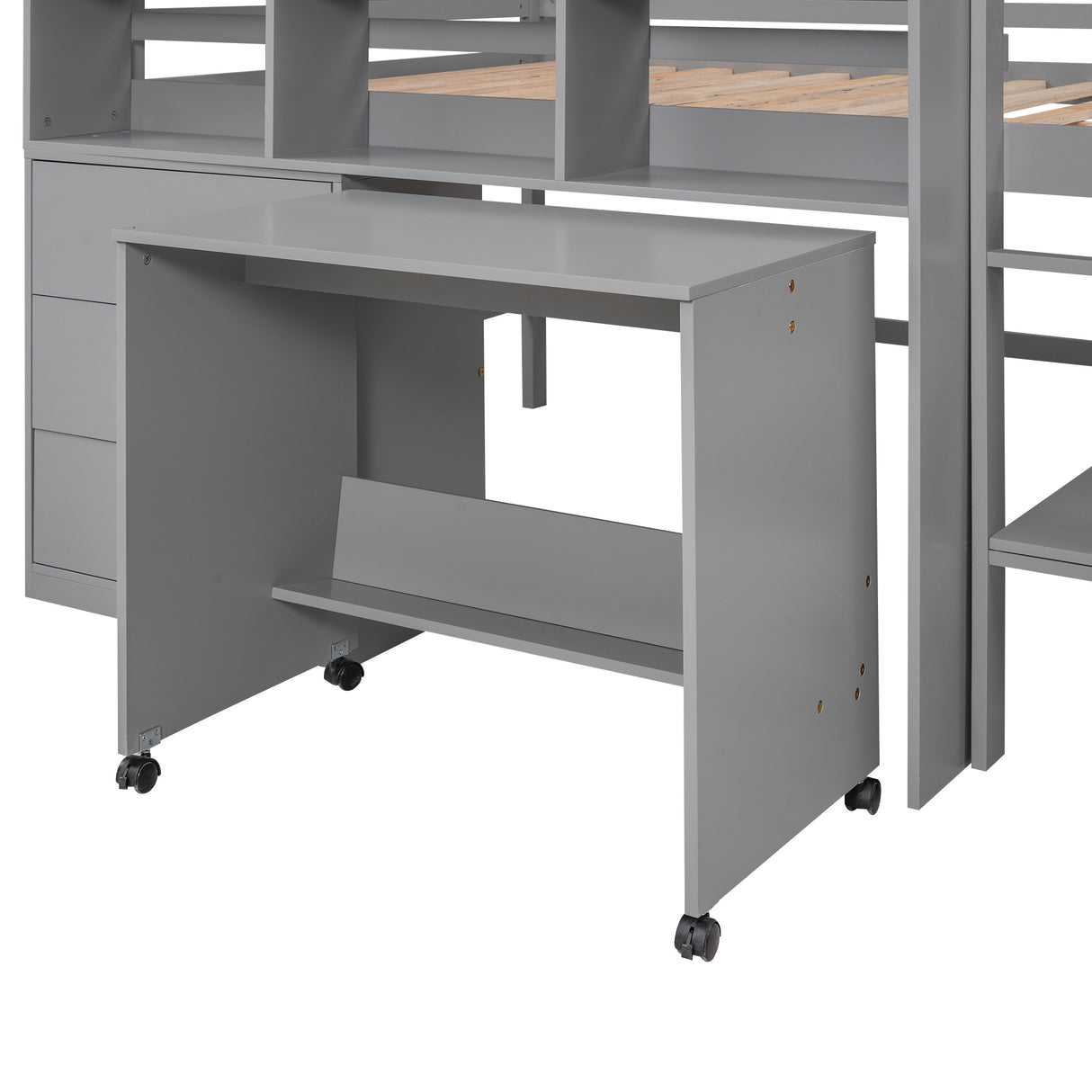Full Size Low Loft Bed with Rolling Portable Desk, Drawers and Shelves,  Gray - Home Elegance USA