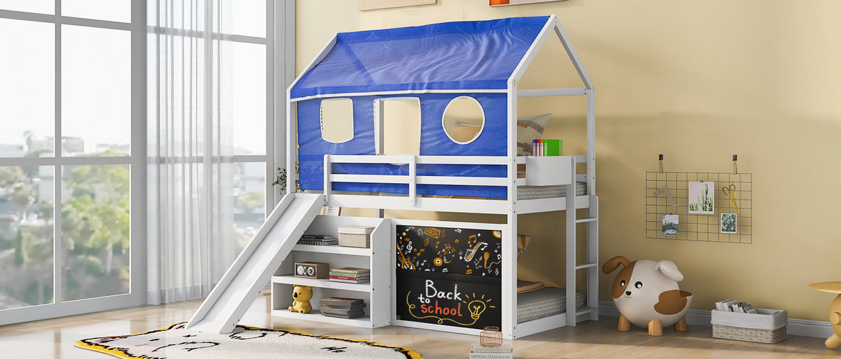 Twin over Twin House Bunk Bed with Blue Tent, Slide, Shelves and Blackboard, White - Home Elegance USA