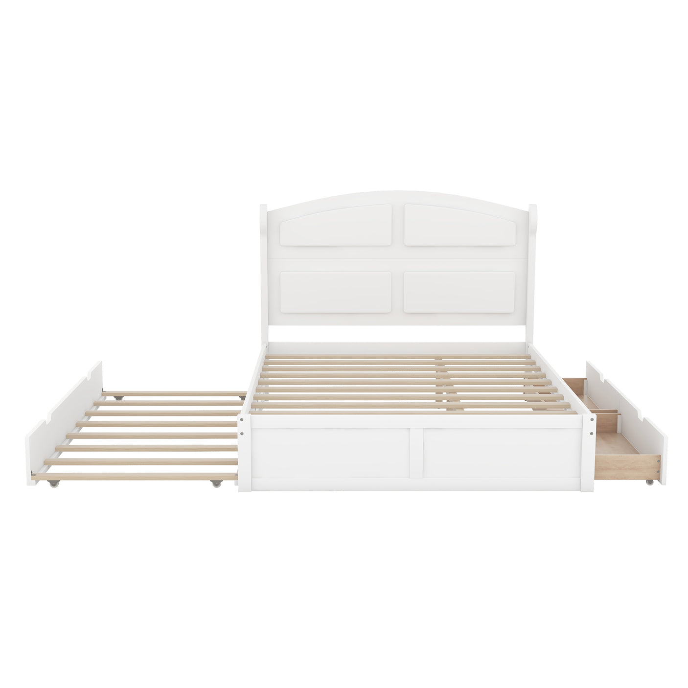 Wood Queen Size Platform Bed with Twin Size Trundle and 2 Drawers, White(Expected Arrival Time: 9.2)
