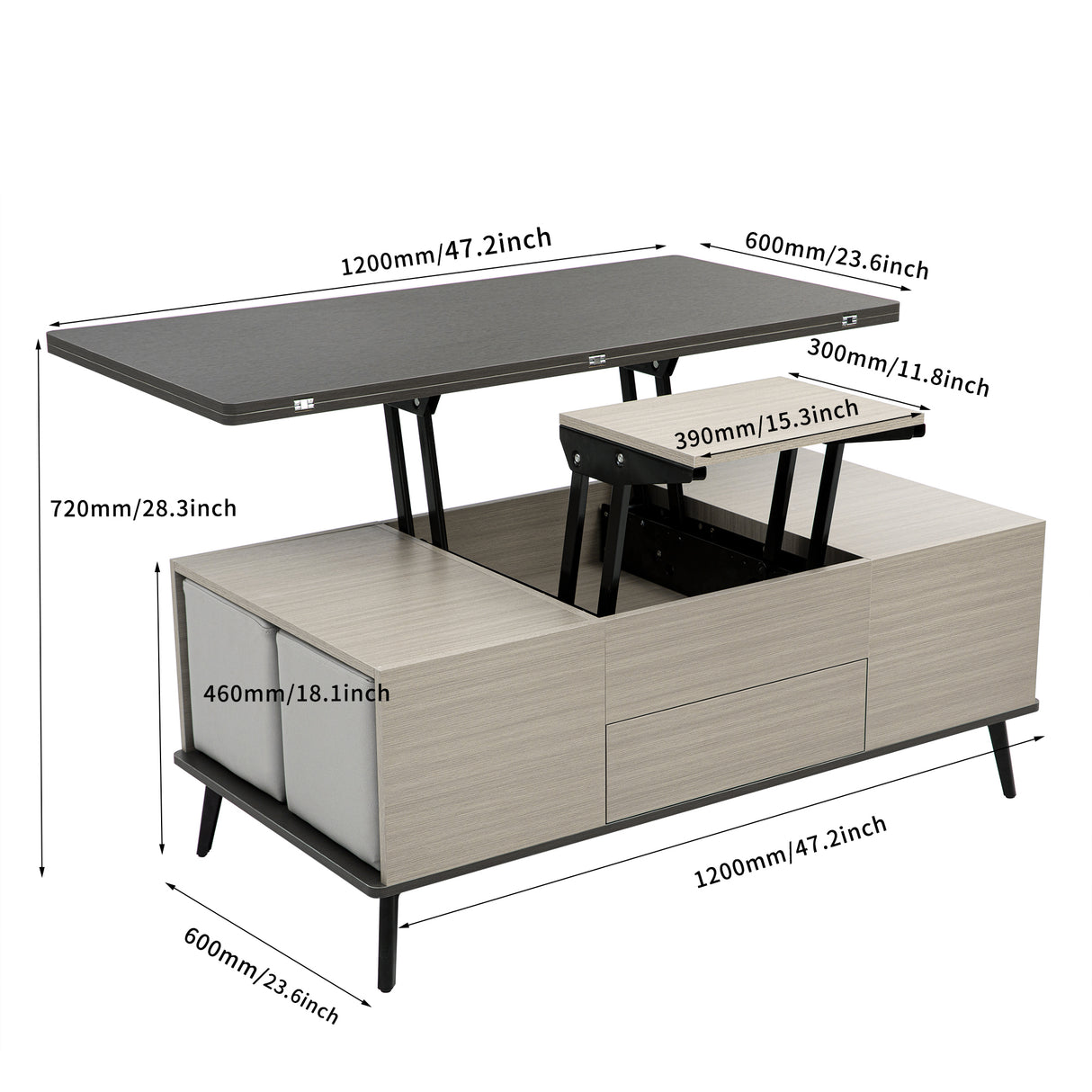 5 Pieces Lift Top Coffee Table Set with Storage Convertible Dining Table with Ottomans - CH307469AAG - image - 8