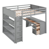 Full Size Loft Bed with Ladder, Shelves, and Desk, Gray - Home Elegance USA