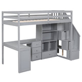 Twin Size Loft Bed with L-Shaped Desk and Drawers, Cabinet and Storage Staircase, Gray - Home Elegance USA