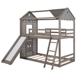 Twin Over Twin Bunk Bed Wood Bed with Roof, Window, Slide, Ladder ,Antique Gray(OLD SKU:LP000059AAE) - Home Elegance USA