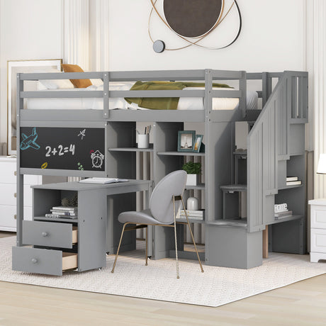 Twin Size Loft Bed with Pullable Desk and Storage Shelves,Staircase and Blackboard,Gray - Home Elegance USA