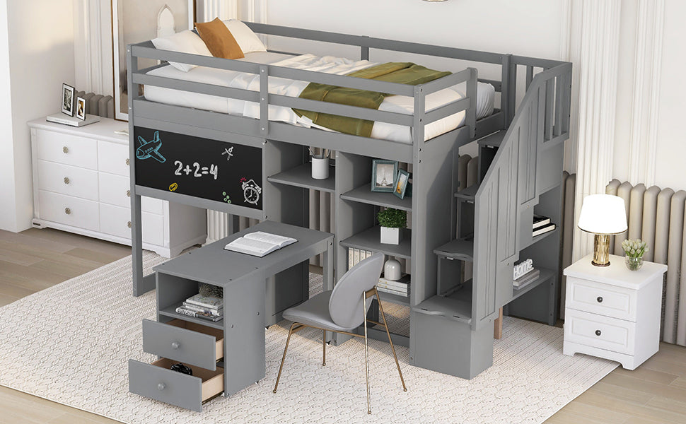 Twin Size Loft Bed with Pullable Desk and Storage Shelves,Staircase and Blackboard,Gray - Home Elegance USA