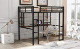 Full Size Loft Metal&MDF Bed with Long Desk and Shelves,Black - Home Elegance USA