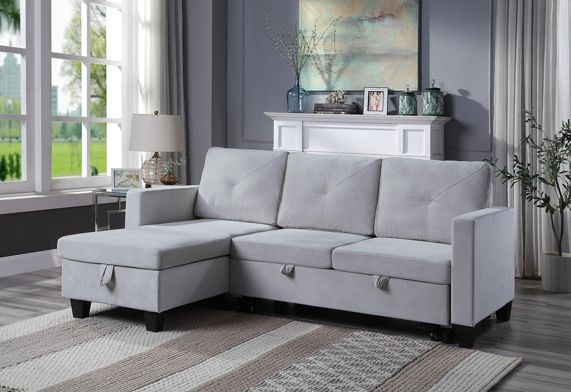 Nova Light Gray Velvet Reversible Sleeper Sectional Sofa with Storage Chaise - Home Elegance USA