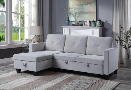 Nova Light Gray Velvet Reversible Sleeper Sectional Sofa with Storage Chaise - Home Elegance USA