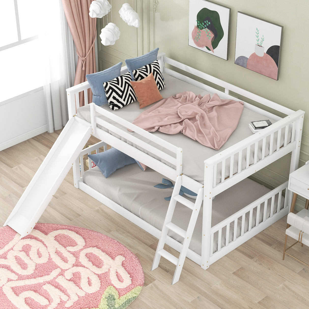 Full over Full Bunk Bed with Convertible Slide and Ladder, White - Home Elegance USA