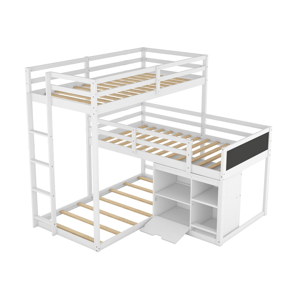 L-shaped Wood Triple Twin Size Bunk Bed with Storage Cabinet and Blackboard, Ladder, White - Home Elegance USA