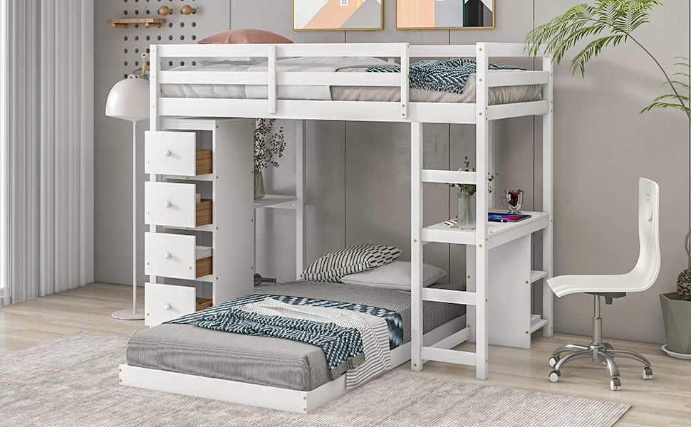 Twin over Twin Bed with Drawers and Shelves,White - Home Elegance USA