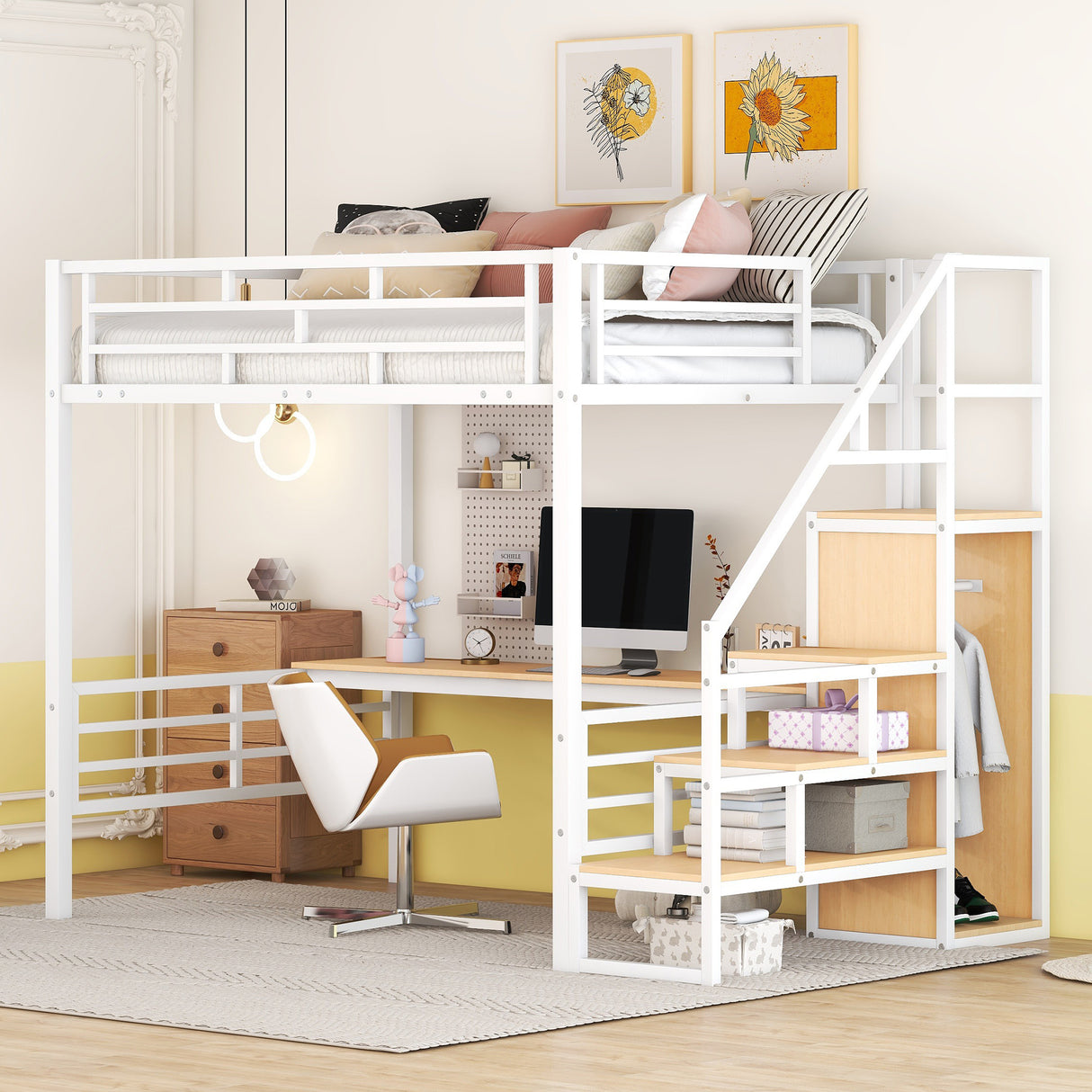 Full Size Metal Loft Bed with Desk, Storage Staircase and Small Wardrobe, Storage stairs can be installed left and right, White - Home Elegance USA