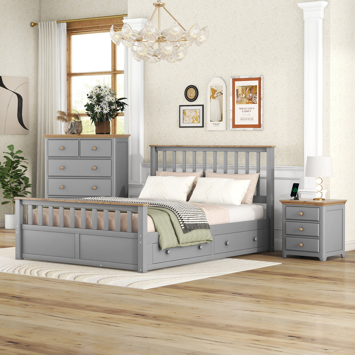 3 - Pieces Bedroom Sets Queen Size Platform Bed with Nightstand(USB Charging Ports) and Storage Chest,Gray+Natrual | Home Elegance USA