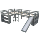 Twin Size L-Shaped Loft Bed with Movable Two-Tier Shelves and Slide,Gray - Home Elegance USA