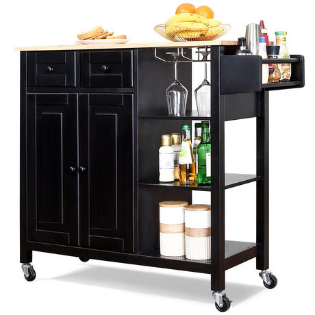 Kitchen Island on Wheels, Kitchen Cart with Cabinet & 3 Layer Shelves, Wood Countertop Mobile Storage Islands with Spice Rack, Lockable Wheels, Drawer And Two Doors, Wine Glass Holder