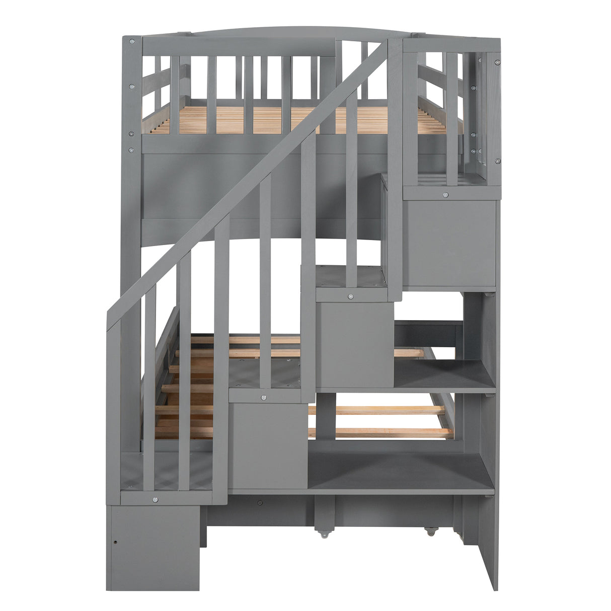 Stairway Twin XL Loft Bed with Twin Size Trundle and 3 Drawers, Storage, Desk, Gray - Home Elegance USA