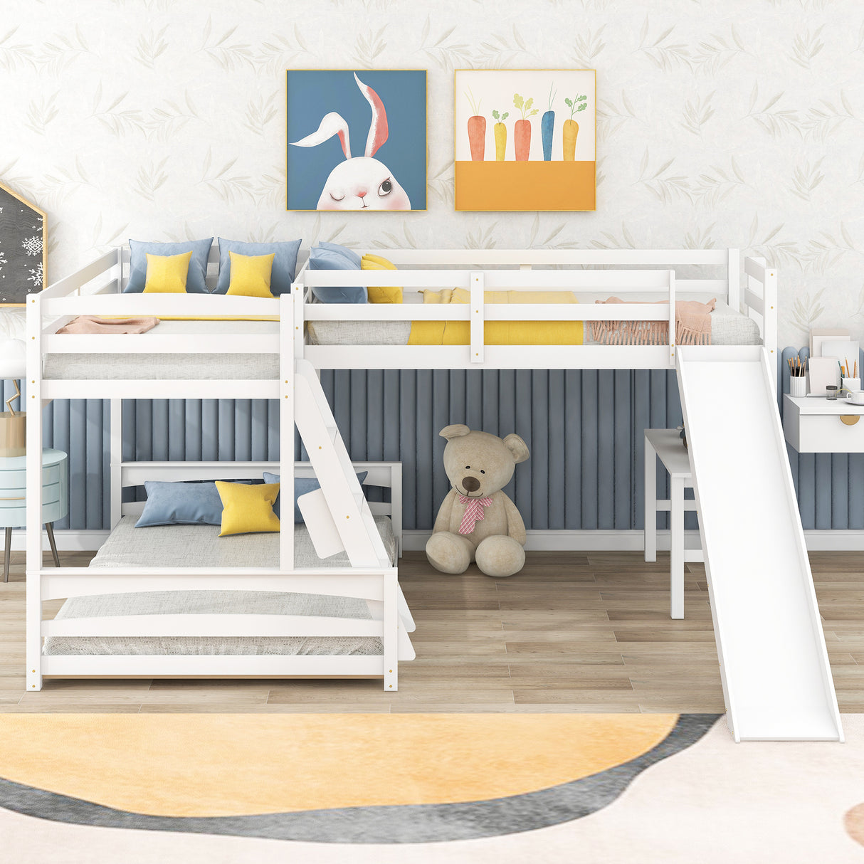 Twin over Full Bunk Bed with Twin Size Loft Bed with Desk and Slide,Full-Length Guardrail, White - Home Elegance USA