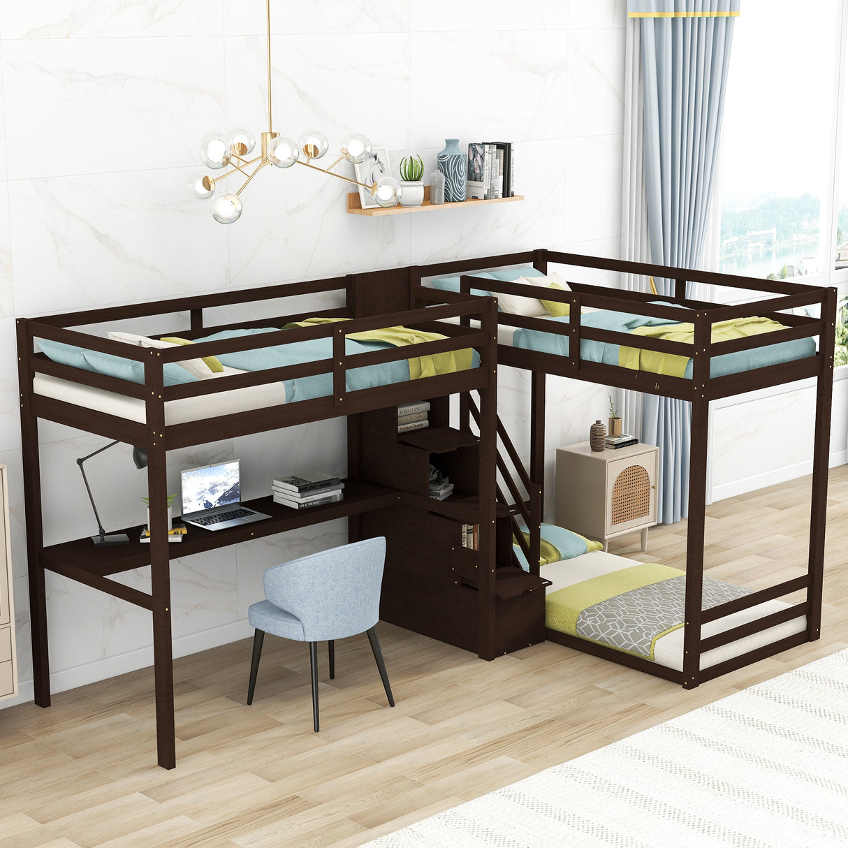 L-Shaped Twin Size Bunk Bed and Loft Bed with Built-in Middle Staircase and Desk,Espresso - Home Elegance USA