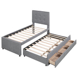 Twin Size Upholstered Platform Bed with Pull-out Twin Size Trundle and 3 Drawers, Gray - Home Elegance USA