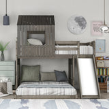 Wooden Twin Over Full Bunk Bed, Loft Bed with Playhouse, Farmhouse, Ladder, Slide and Guardrails, Antique Gray(OLD SKU :LT000028AAE) Home Elegance USA