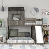 Wooden Twin Over Full Bunk Bed, Loft Bed with Playhouse, Farmhouse, Ladder, Slide and Guardrails, Antique Gray(OLD SKU :LT000028AAE) - Home Elegance USA