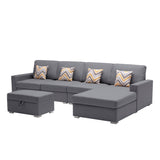 Nolan Gray Linen Fabric 5Pc Reversible Sofa Chaise with Interchangeable Legs, Storage Ottoman, and Pillows - Home Elegance USA