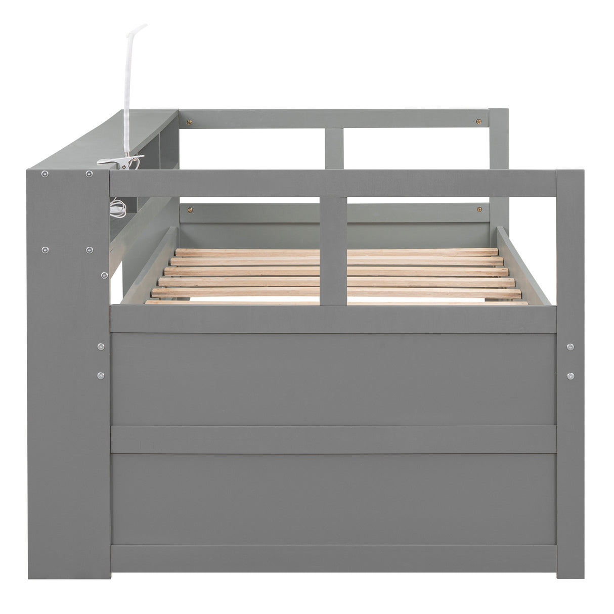 Twin XL Wood Daybed with 2 Trundles, 3 Storage Cubbies, 1 Light for Free and USB Charging Design, Gray - Home Elegance USA