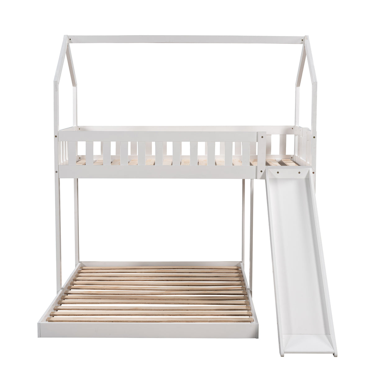 Twin over Full House Bunk Bed with Slide and Built-in Ladder,Full-Length Guardrail,White - Home Elegance USA