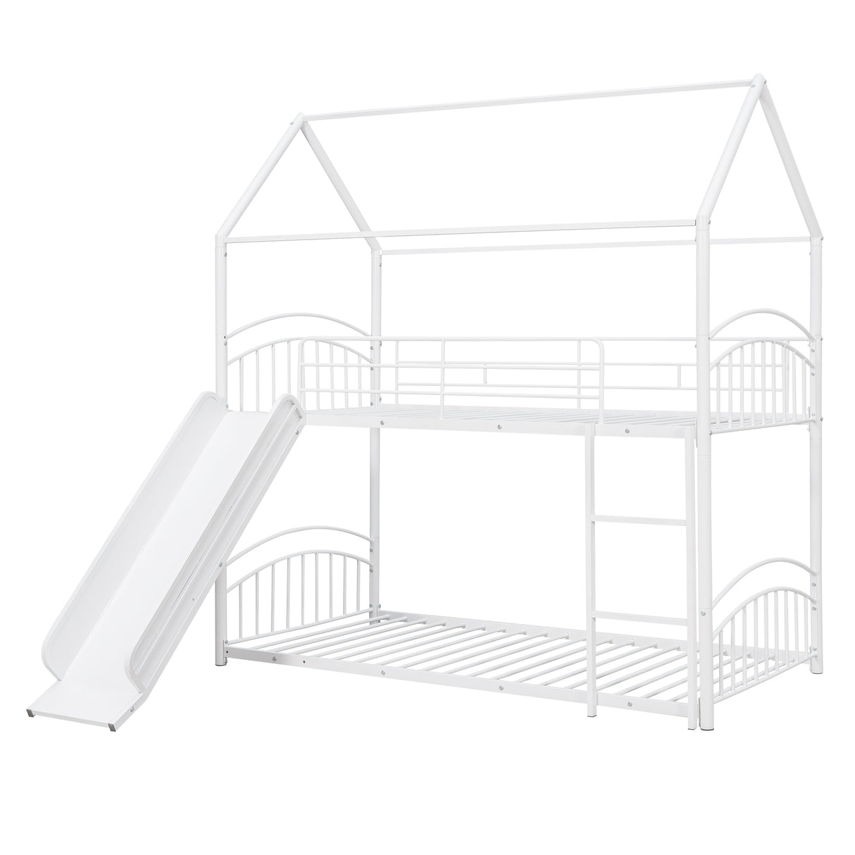 Twin Over Twin Metal Bunk Bed With Slide,Kids House Bed White - Home Elegance USA