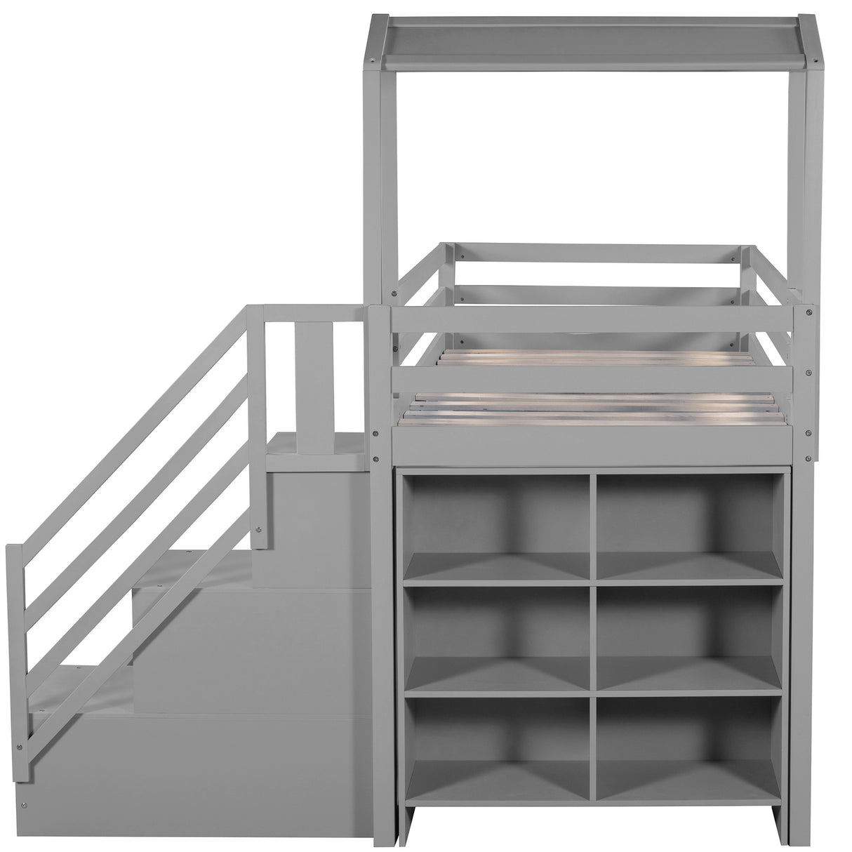 Twin over Full House Roof Bunk Bed with Staircase and Shelves, Gray - Home Elegance USA