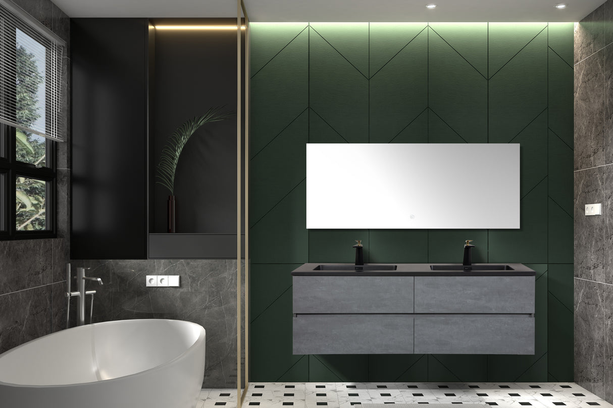 60'' Wall Mounted Single Bathroom Vanity in Ash Gray With Black Solid Surface Vanity Top