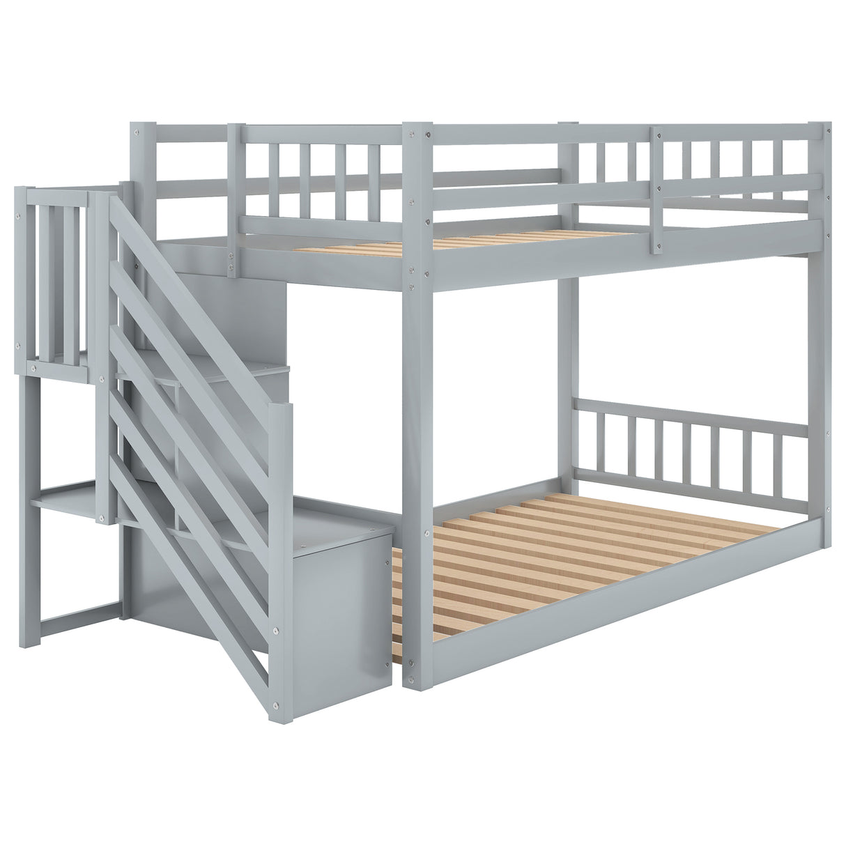 Twin over Twin Floor Bunk Bed, Ladder with Storage, Gray - Home Elegance USA