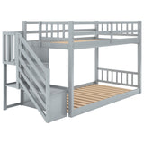 Twin over Twin Floor Bunk Bed, Ladder with Storage, Gray - Home Elegance USA