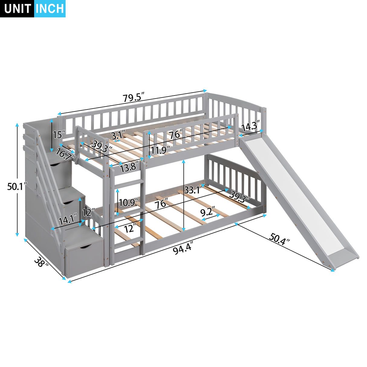 Stairway Twin over Twin Bunk Bed with Two Drawers and Slide, Gray(OLD SKU :LT000155AAE) - Home Elegance USA