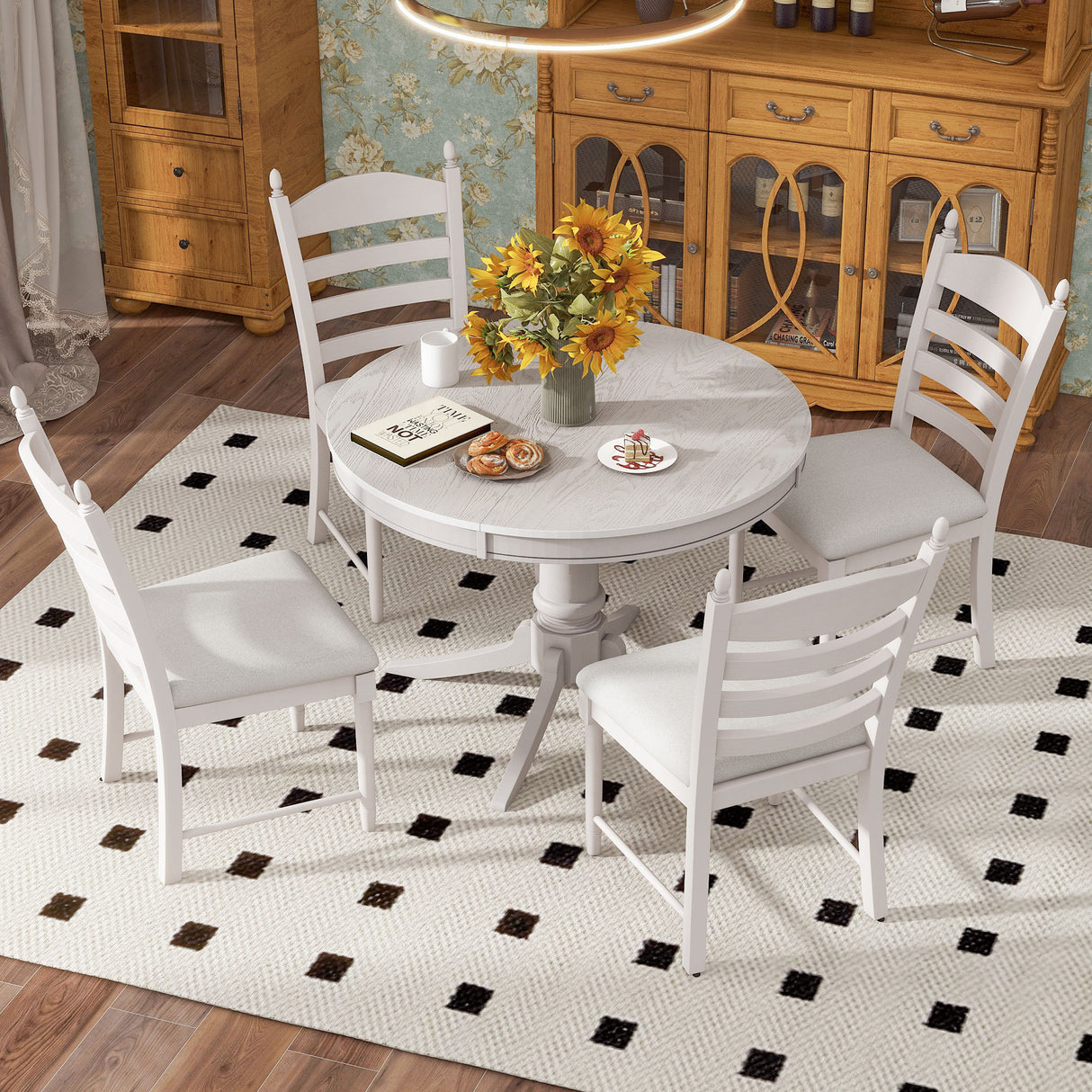 TREXM 5-Piece Retro Functional Dining Table Set Wood Round Extendable Dining Table and 4 Upholstered Dining Chairs (Antique White) - Home Elegance USA