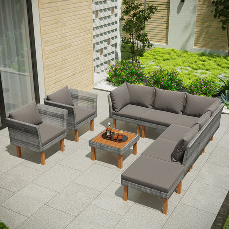 GO 9-Piece Outdoor Patio Garden Wicker Sofa Set, Gray PE Rattan Sofa Set, with Wood Legs, Acacia Wood Tabletop, Armrest Chairs with Gray Cushions