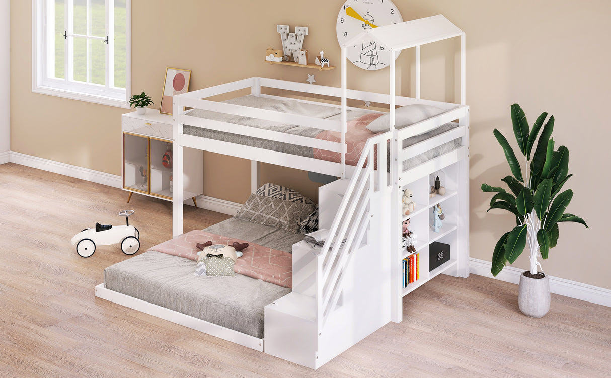 Twin over Full House Roof Bunk Bed with Staircase and Shelves, White - Home Elegance USA