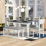 TREXM Classic and Traditional Style 6 - Piece Dining Set, Includes Dining Table, 4 Upholstered Chairs & Bench (White+Gray) - Home Elegance USA