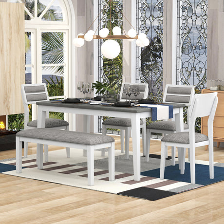 TREXM Classic and Traditional Style 6 - Piece Dining Set, Includes Dining Table, 4 Upholstered Chairs & Bench (White+Gray) - Home Elegance USA