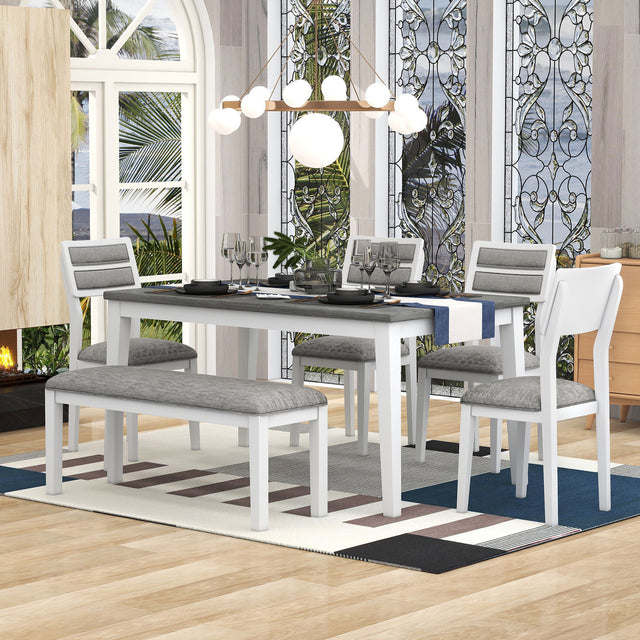 TREXM Classic and Traditional Style 6 - Piece Dining Set, Includes Dining Table, 4 Upholstered Chairs & Bench (White+Gray) - Home Elegance USA