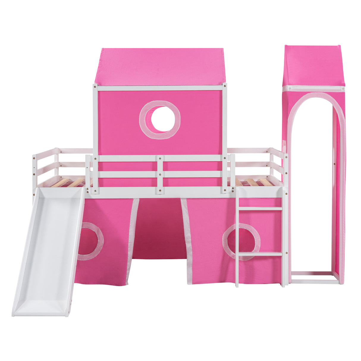 Twin Size Bunk Bed with Slide Pink Tent and Tower - Pink - Home Elegance USA