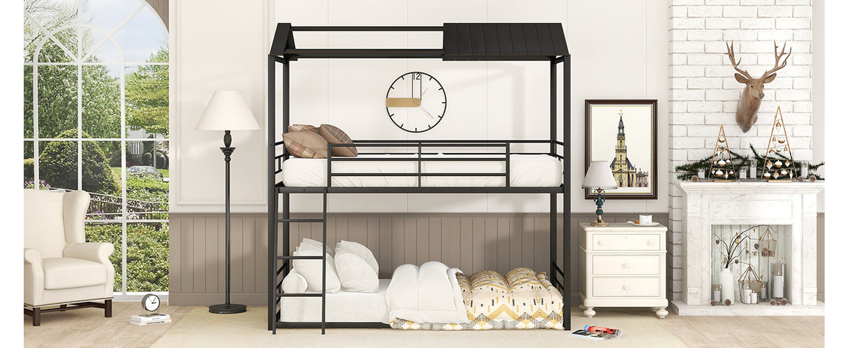 Twin Over Twin Bunk Bed Metal Bed with Half Roof, Guardrail and Ladder Black - Home Elegance USA