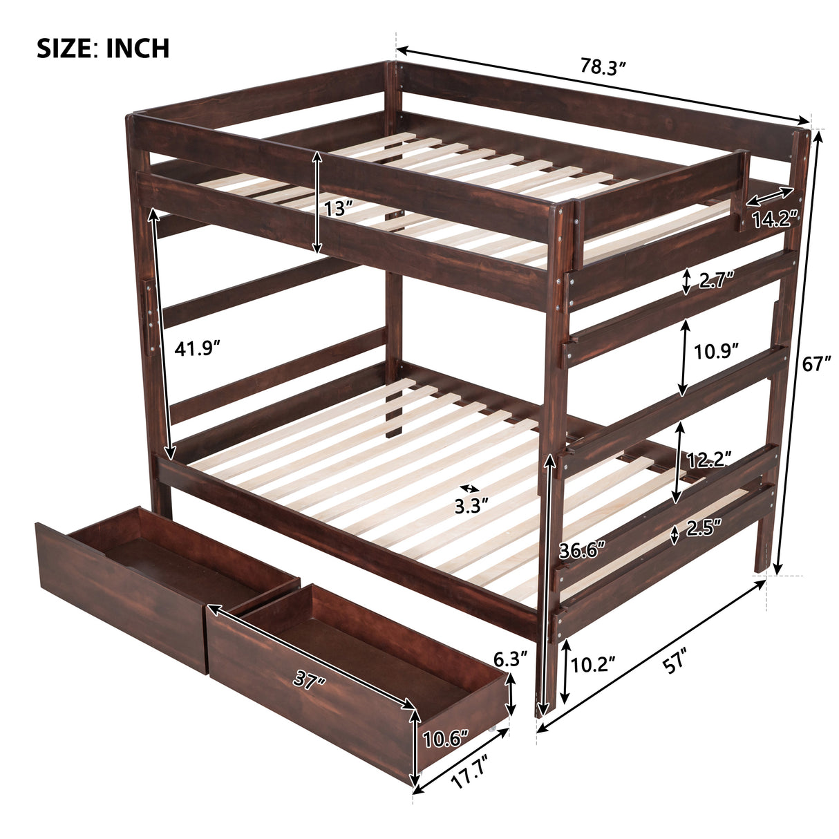 Full over Full Wood Bunk Bed with 2 Drawers, Espresso - Home Elegance USA