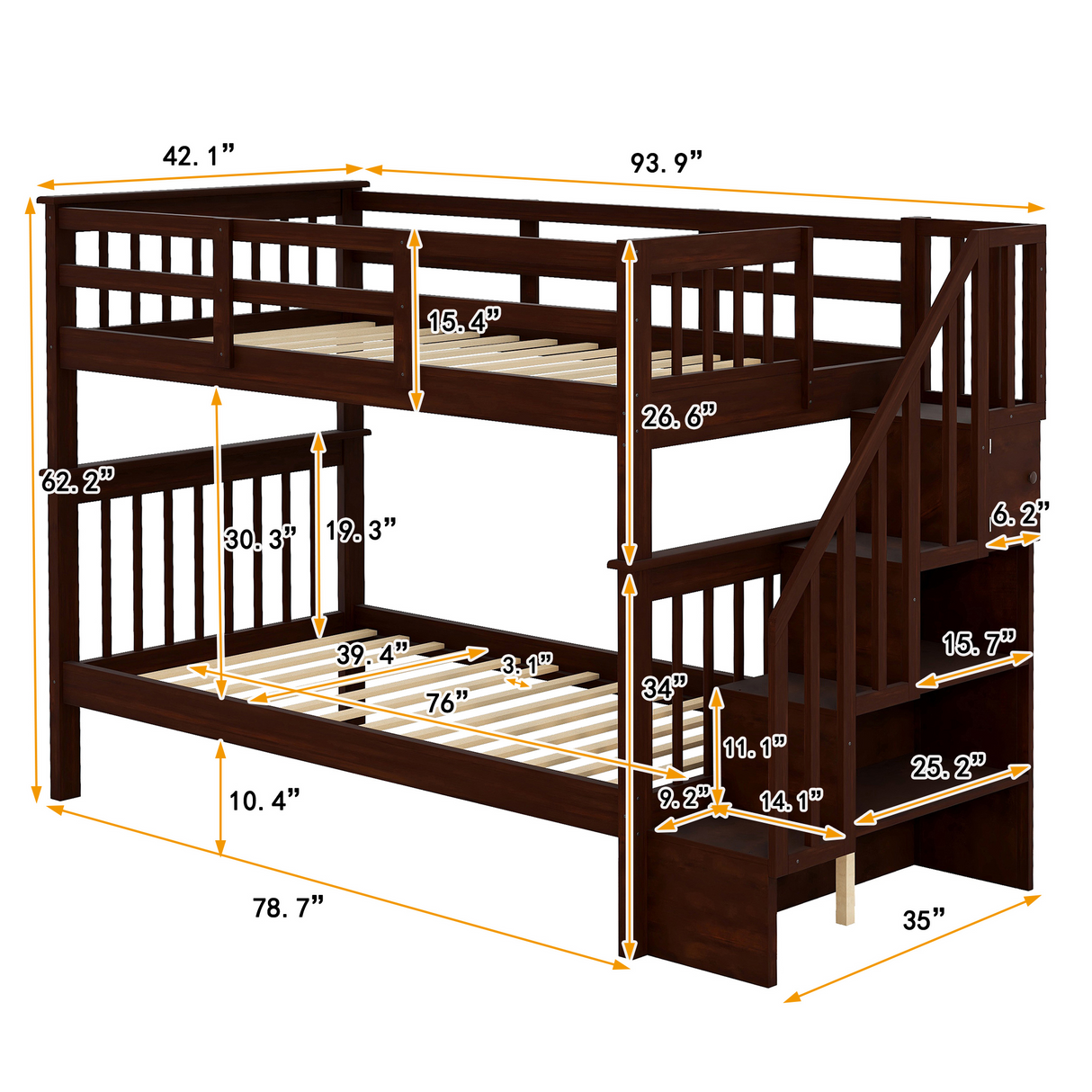 Stairway Twin-Over-Twin Bunk Bed with Storage and Guard Rail for Bedroom, Dorm, Espresso color(OLD SKU :LP000109AAP) - Home Elegance USA