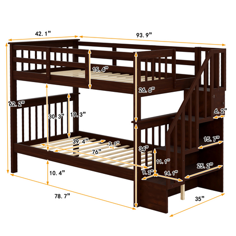 Stairway Twin-Over-Twin Bunk Bed with Storage and Guard Rail for Bedroom, Dorm, Espresso color(OLD SKU :LP000109AAP) - Home Elegance USA