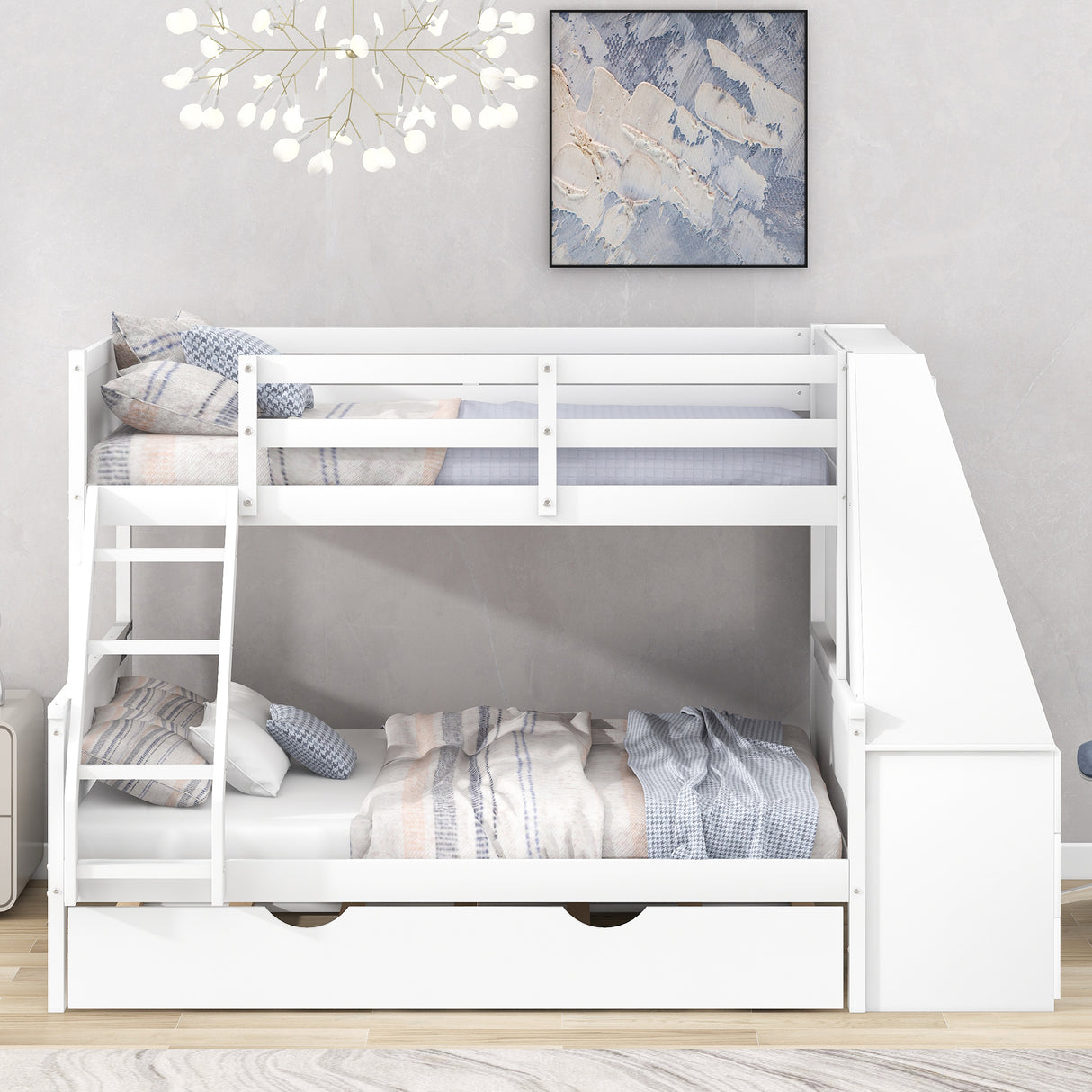 Twin over Full Bunk Bed with Trundle and Built-in Desk, Three Storage Drawers and Shelf,White - Home Elegance USA