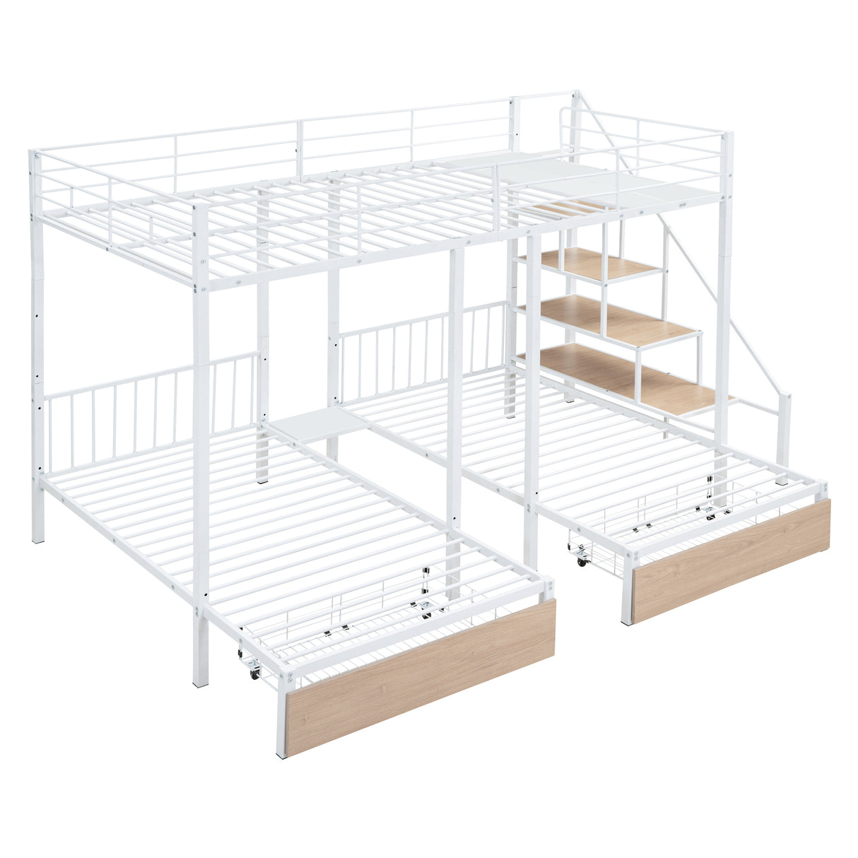 Full over Twin-Twin Triple bunk bed with drawers and staircase, White