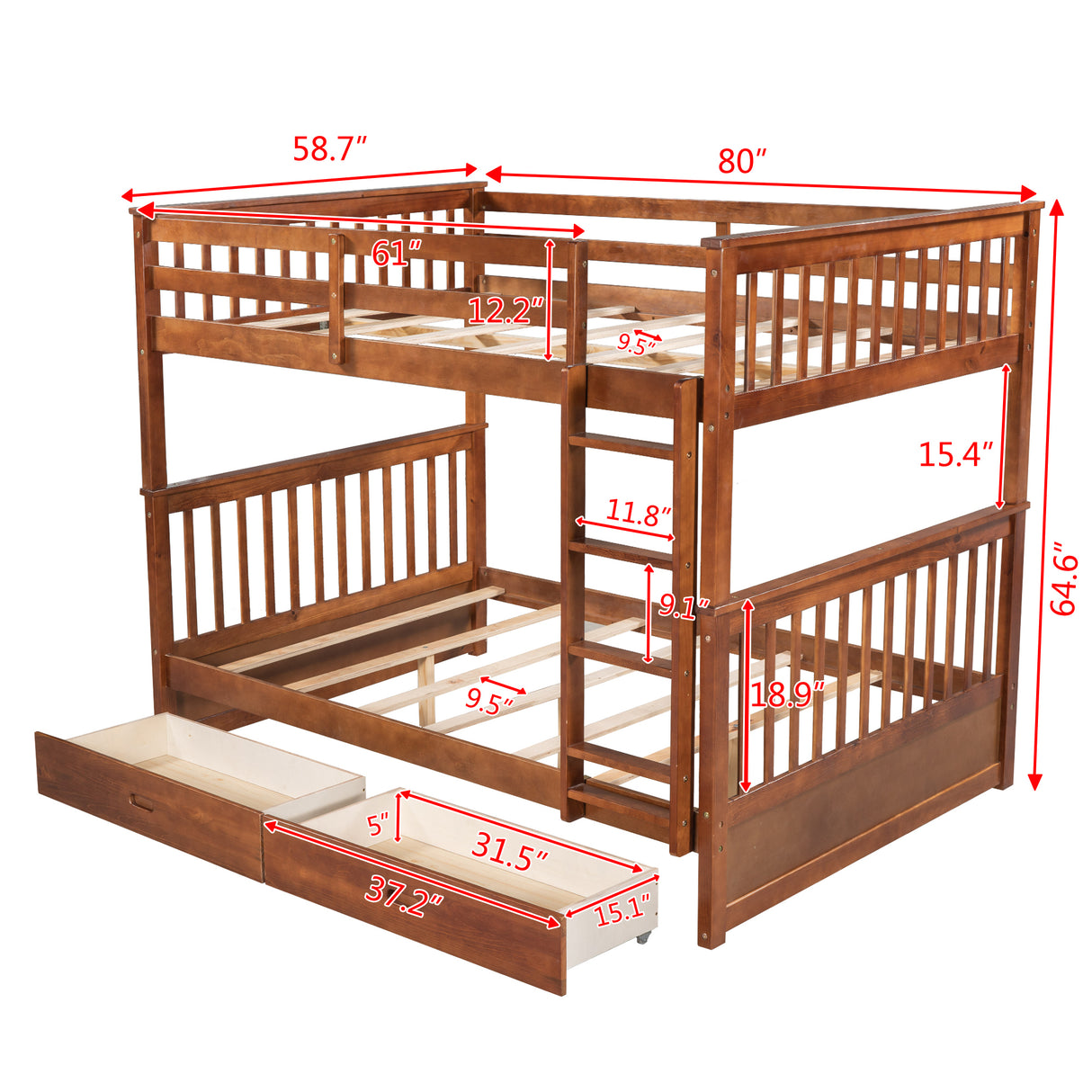 Full-Over-Full Bunk Bed with Ladders and Two Storage Drawers (Walnut) - Home Elegance USA