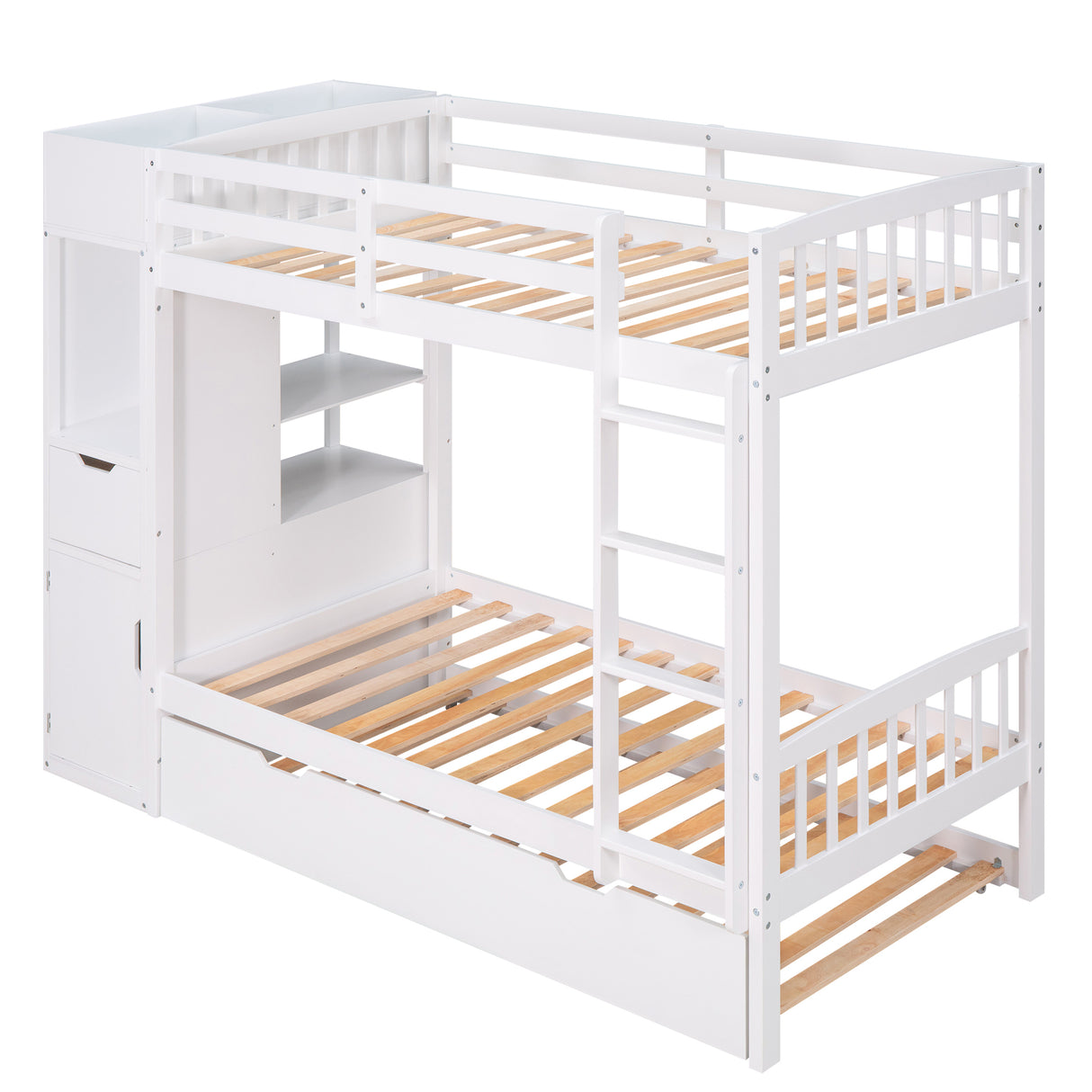 Twin Size Bunk Bed with Trundle and Attached Multifunctional Locker,White - Home Elegance USA