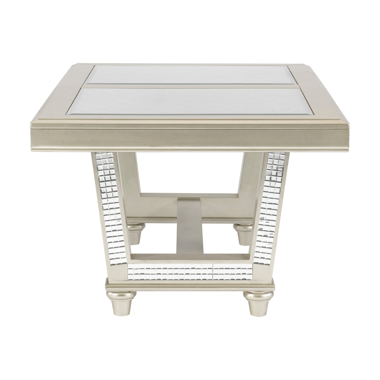 Glamorous Style Dining 7pc Set Champagne Finish Table w Leaf Glass Insert Top Upholstered Tufted 6x Side Chairs Traditional Dining Room Furniture - Home Elegance USA